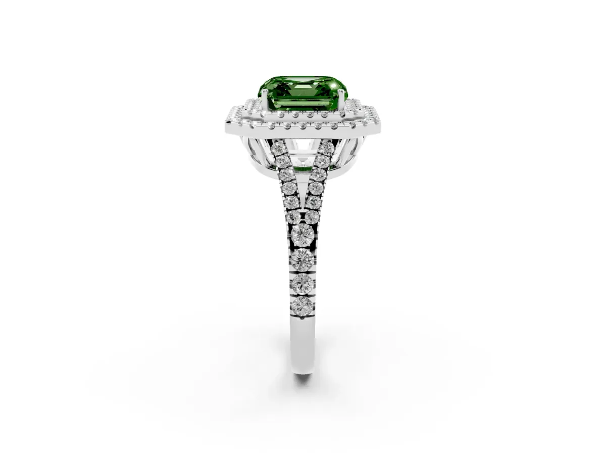 Fancy Green Asscher Cut Diamond Double Halo Ring with Pavé Band and Prong Setting Silver
