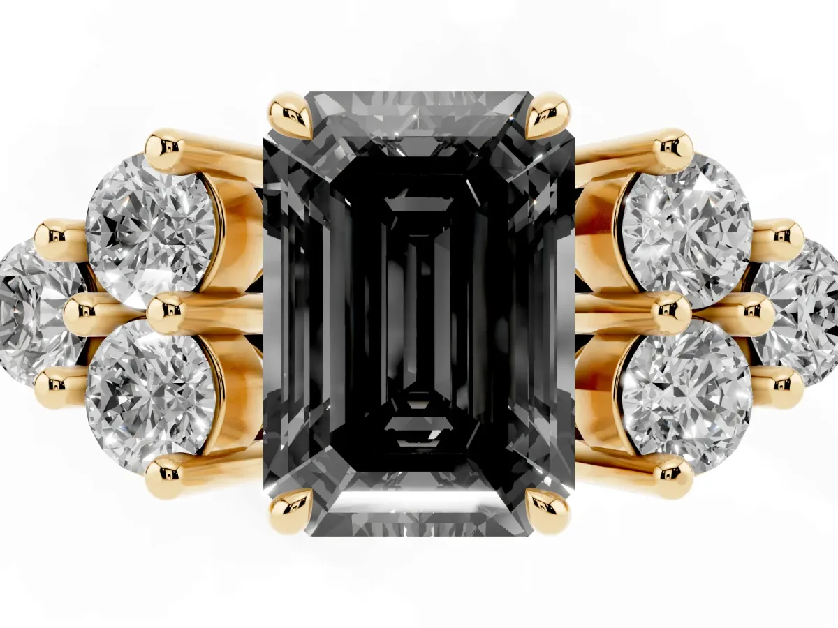 Fancy Black Emerald Cut Brilliant Diamond Cluster Accent Solitaire Ring with Prong Setting Yellow gold
