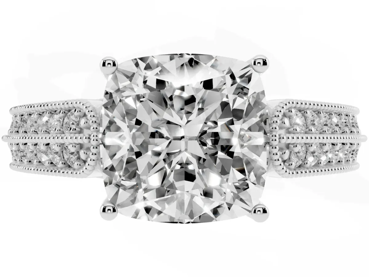 Cushion Cut Cut Pave Split Shank Engagement Ring with Four-Prong Setting Platinum