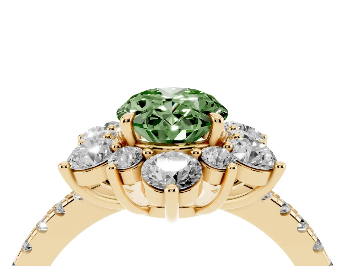 Fancy Green Oval Cut Diamond Floral Halo Ring with Round Pavé Band and Prong Setting Yellow gold