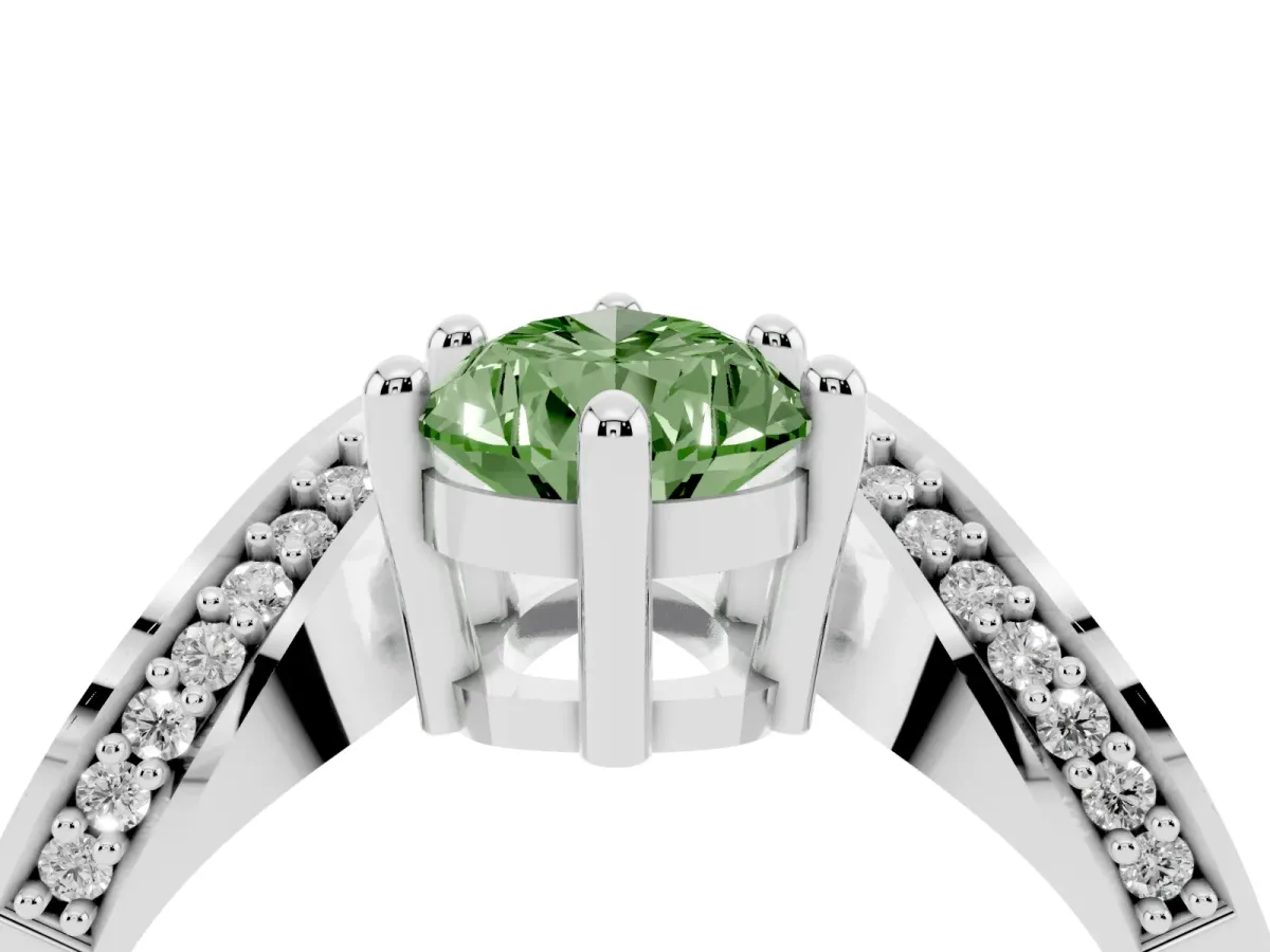 Fancy Green Pear Cut Solitaire Diamond Engagement Ring with Pave Band and Four-Prong Setting White gold