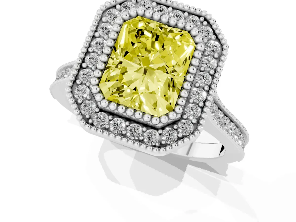Fancy Yellow Radiant Cut Diamond Halo Ring with Milgrain Frame and Pavé Band White gold