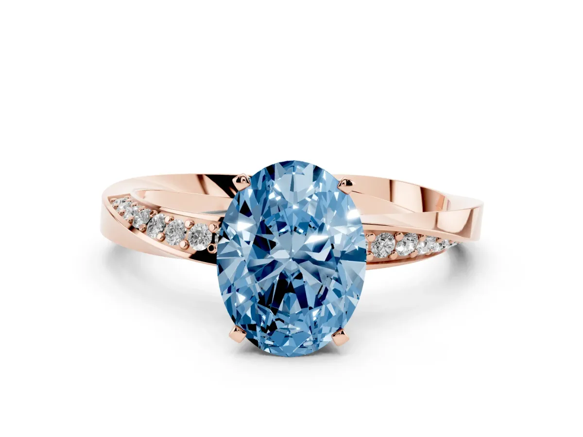 Fancy Blue Oval Cut Diamond Engagement Ring with Side Stone Accents and Four-Prong Setting Rose gold