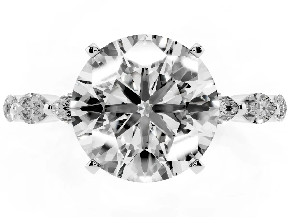 Round Cut Diamond Ring with Marquise Side Stones and Prong Setting Silver