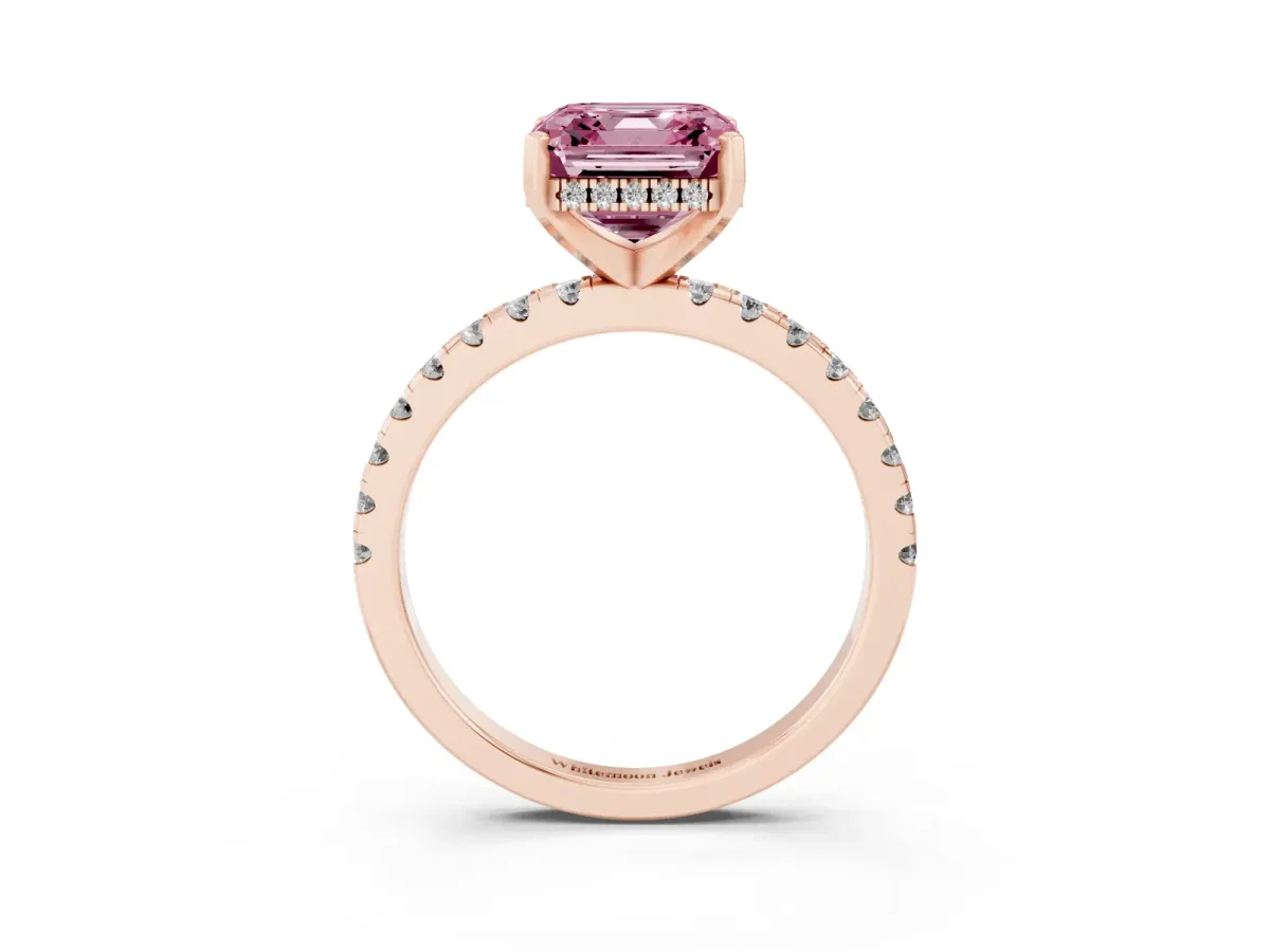 Fancy Pink Asscher Cut Diamond Solitaire Ring with Round Pavé Band and Four-Prong Setting Rose gold