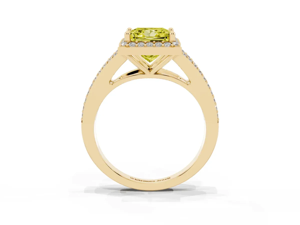 Fancy Yellow Princess Cut Halo Split Shank Diamond Ring with Prong Setting Yellow gold