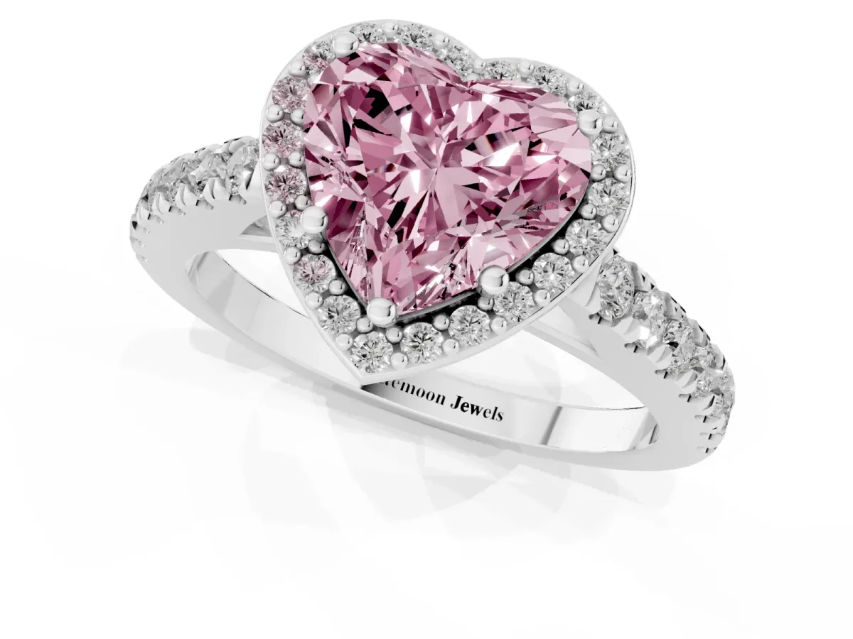 Fancy Pink Heart Cut Cut Halo Diamond Engagement Ring with Pave Band and Four-Prong Setting Silver