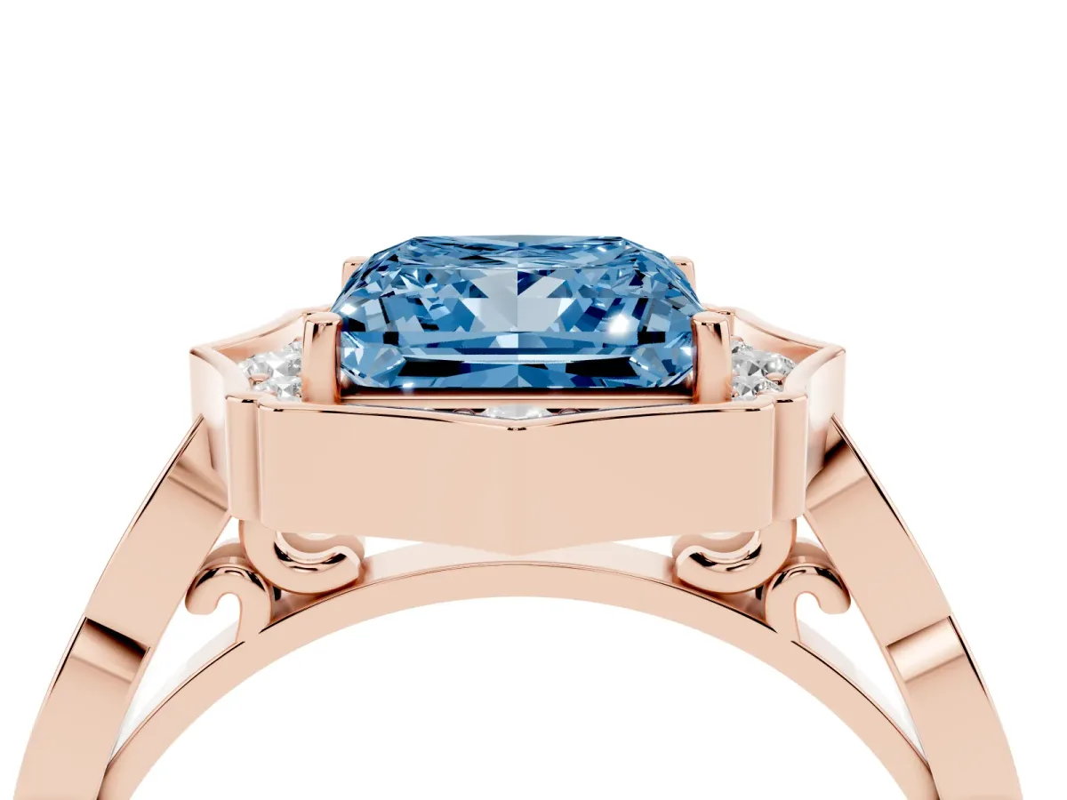 Fancy Blue Princess Cut Halo Diamond Engagement Ring with Milgrain Band and Four-Prong Setting Rose gold
