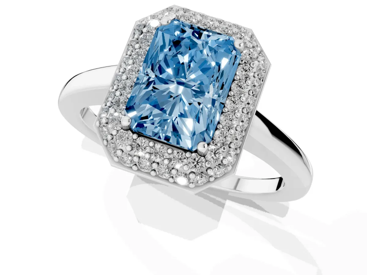 Fancy Blue Radiant Cut Halo Diamond Engagement Ring with Solitaire Band and Four-Prong Setting Platinum