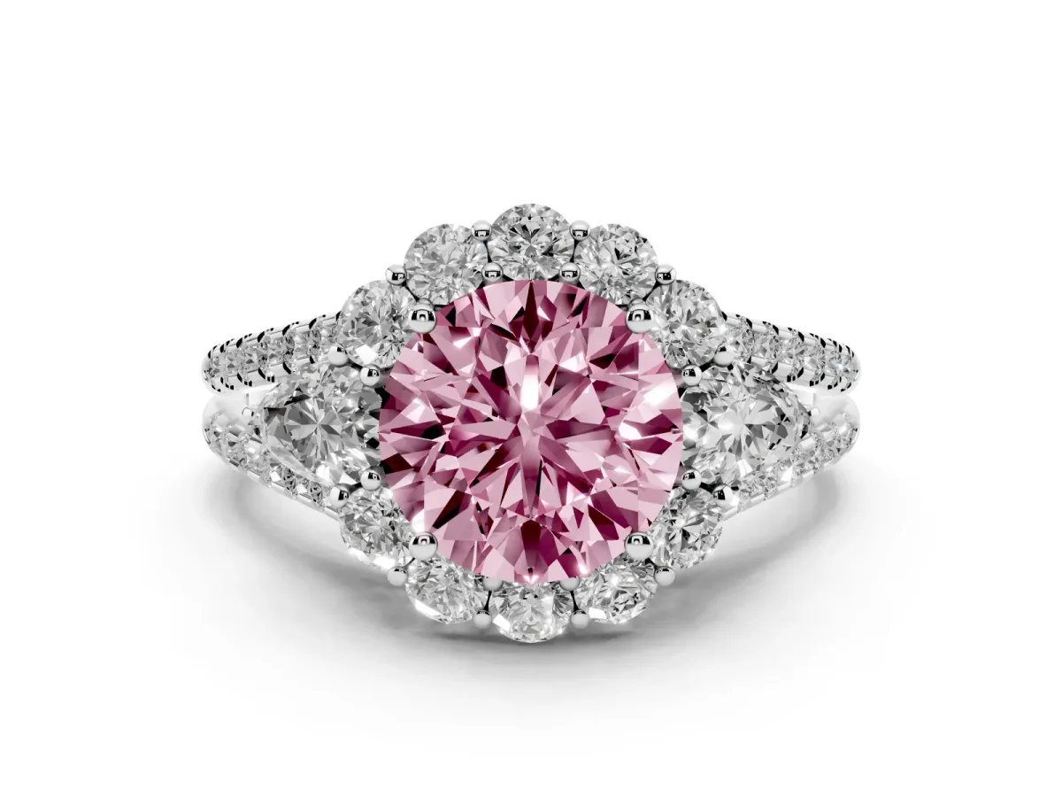 Fancy Pink Round Cut Halo Split Shank Diamond Engagement Ring with Prong Setting Platinum