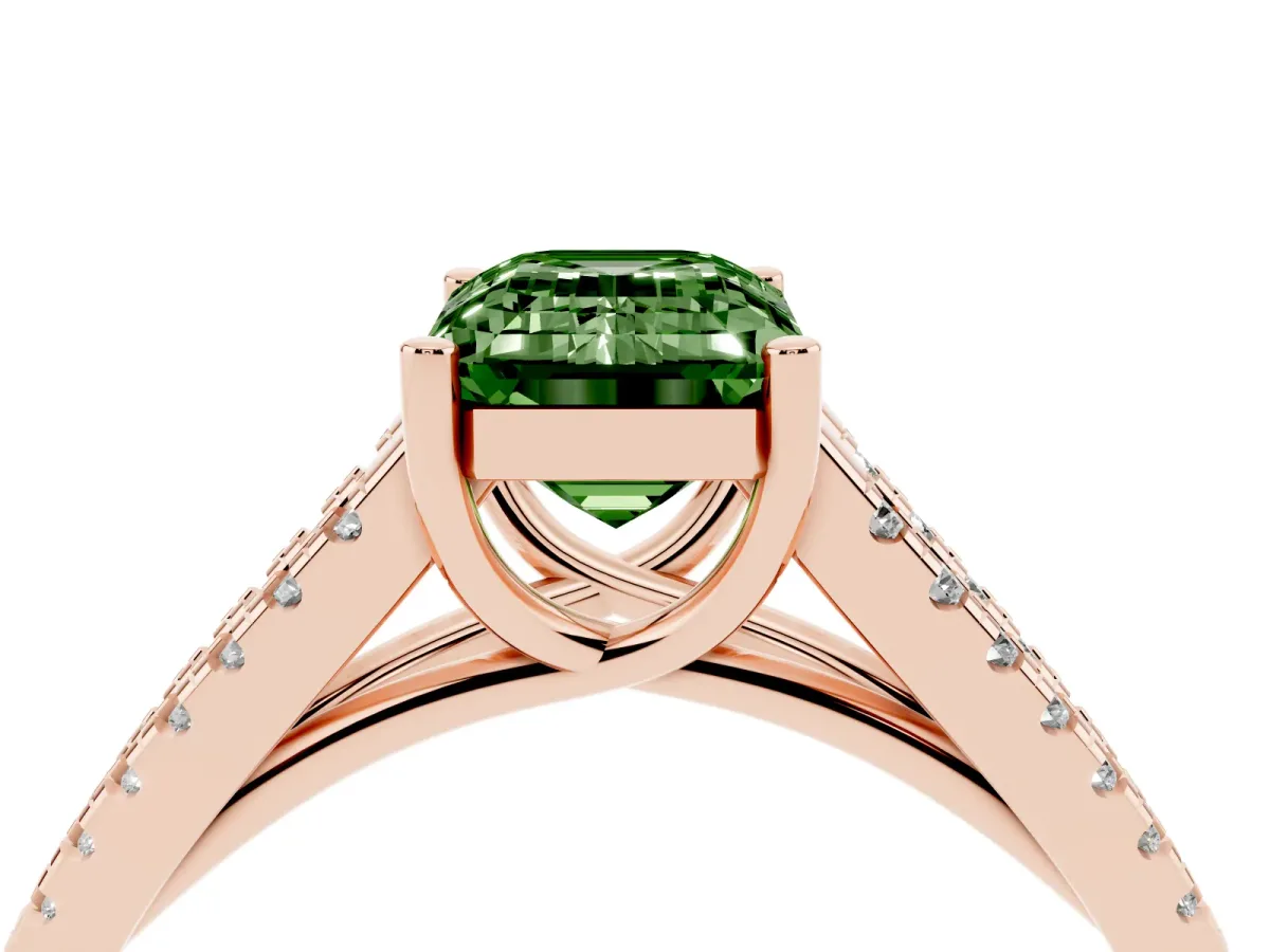 Fancy Green Emerald Cut Diamond Solitaire Engagement Ring with Split Shank Pavé Band Rose gold