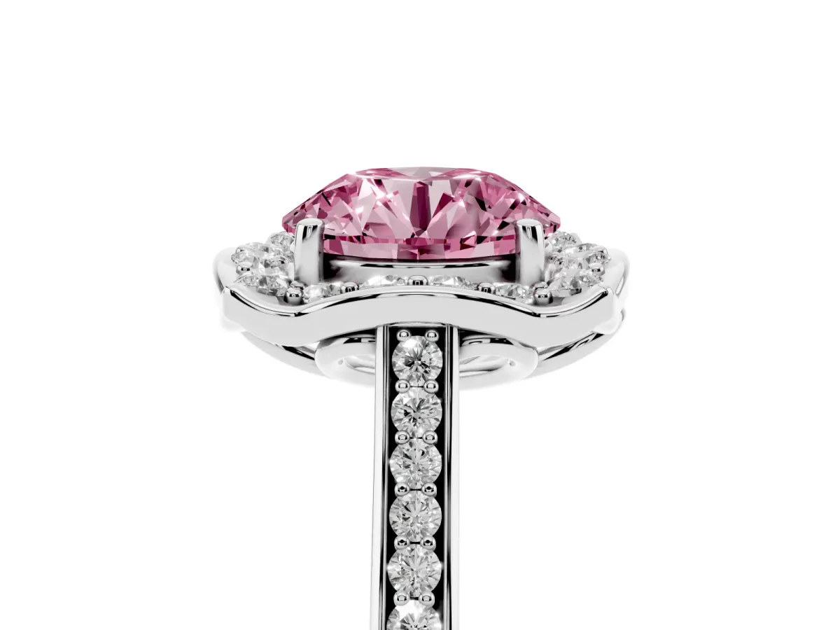 Fancy Pink Round Cut Halo Round Diamond Pave Band with Four-Prong Setting Silver