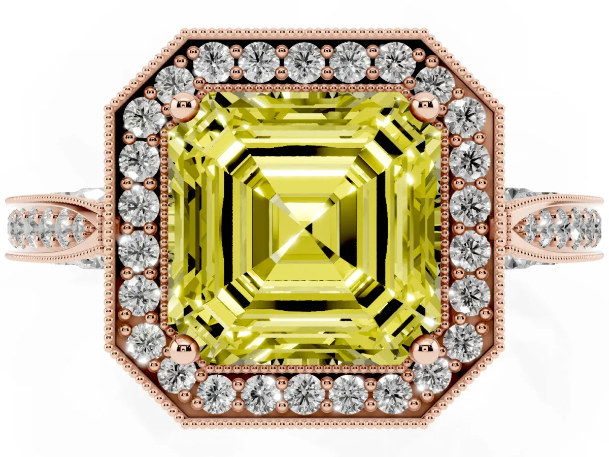 Fancy Yellow Asscher Cut Halo Diamond Engagement Ring with Split Shank Band and Four-Prong Setting Rose gold