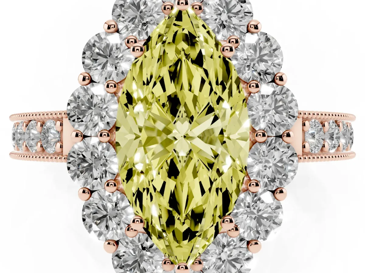 Fancy Yellow Marquise Cut Cut Halo Diamond Pavé Engagement Ring with Milgrain Detailing Rose gold