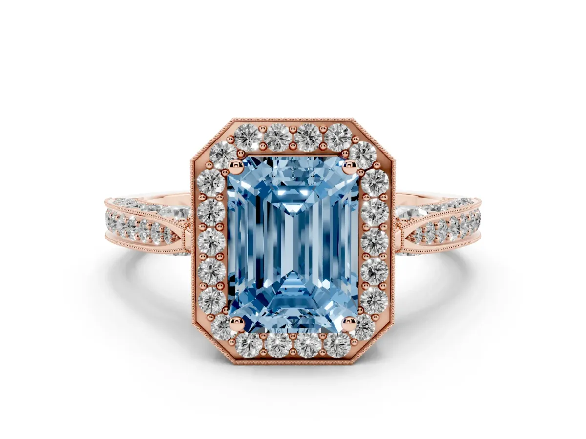 Fancy Blue Emerald Cut Halo Diamond Engagement Ring with Split Shank Band and Four-Prong Setting Rose gold