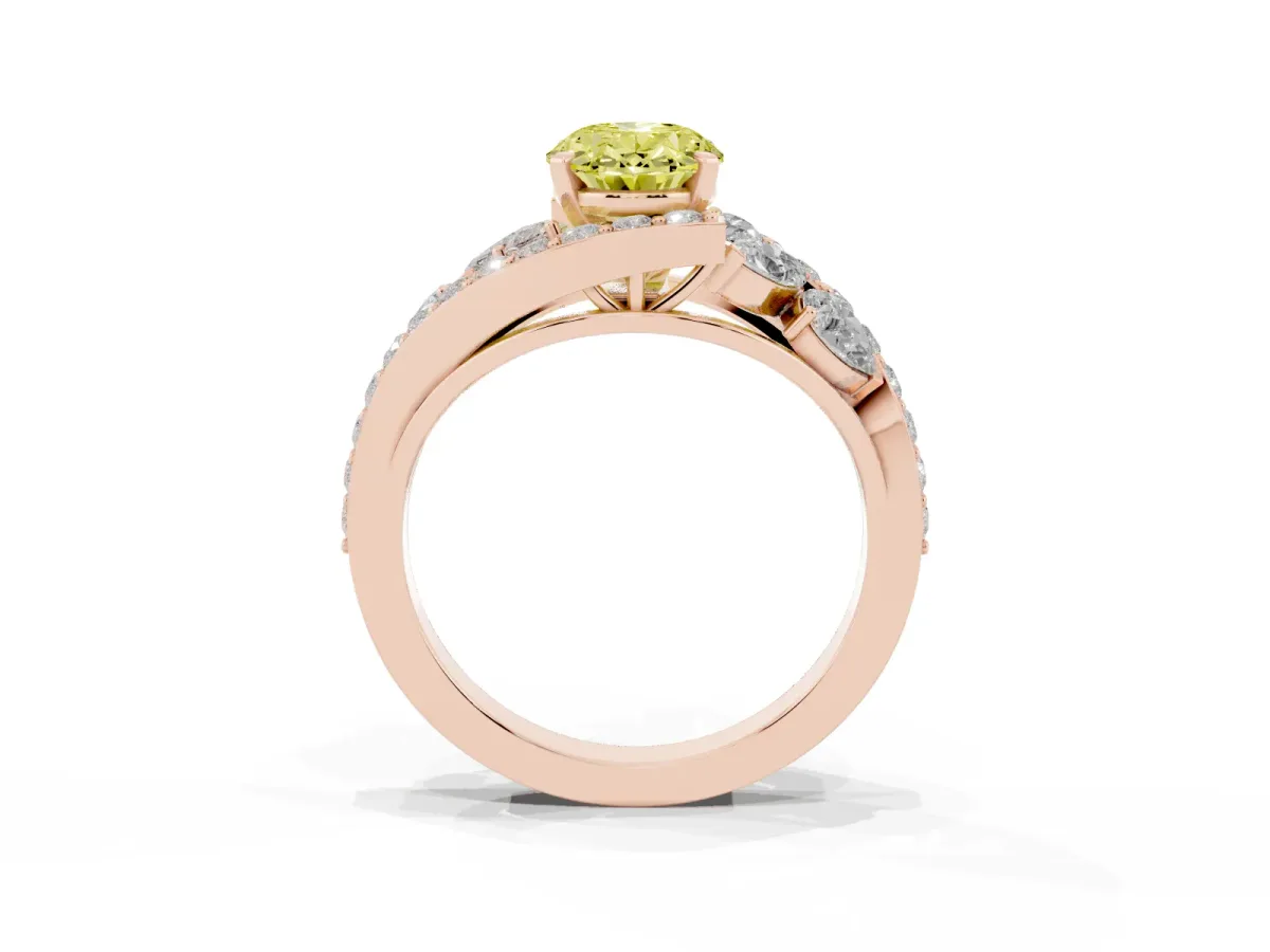 Fancy Yellow Oval Cut Diamond Halo Ring with Marquise and Pavé Band in Prong Setting Rose gold
