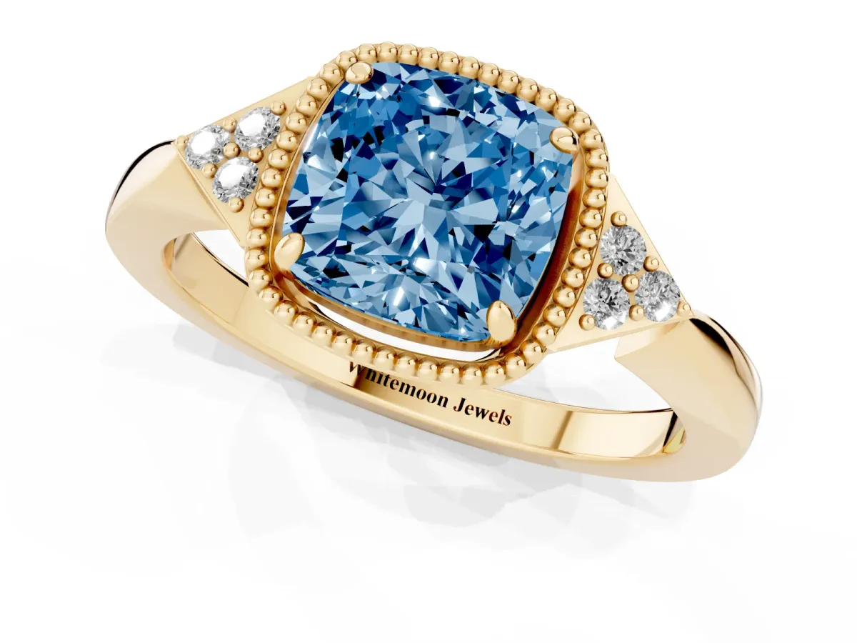 Fancy Blue Hexagonal Halo Cushion Cut Diamond Solitaire with Pavé Band and Four-Prong Setting Yellow gold