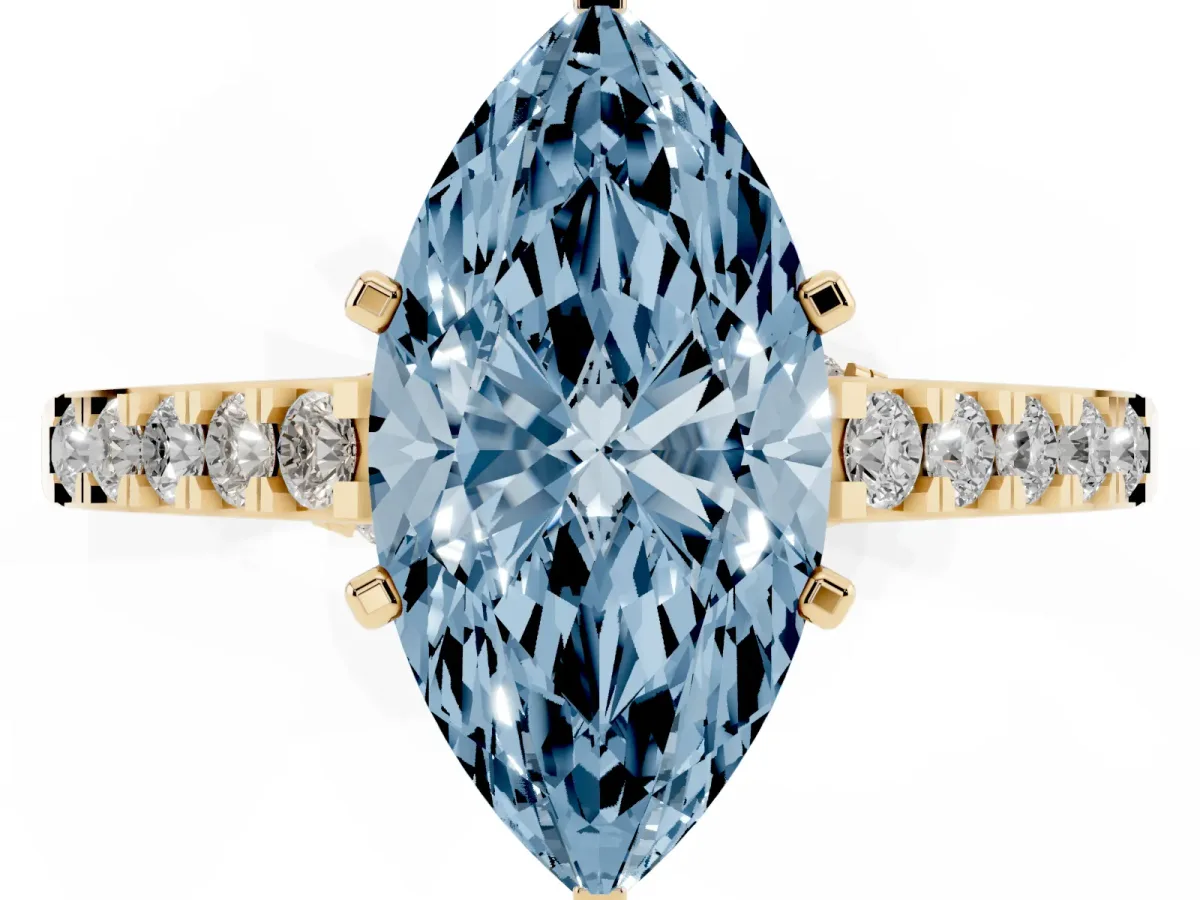 Fancy Blue Marquise Cut Diamond Solitaire Ring with Crossover Gallery and Round Pavé Band Yellow gold