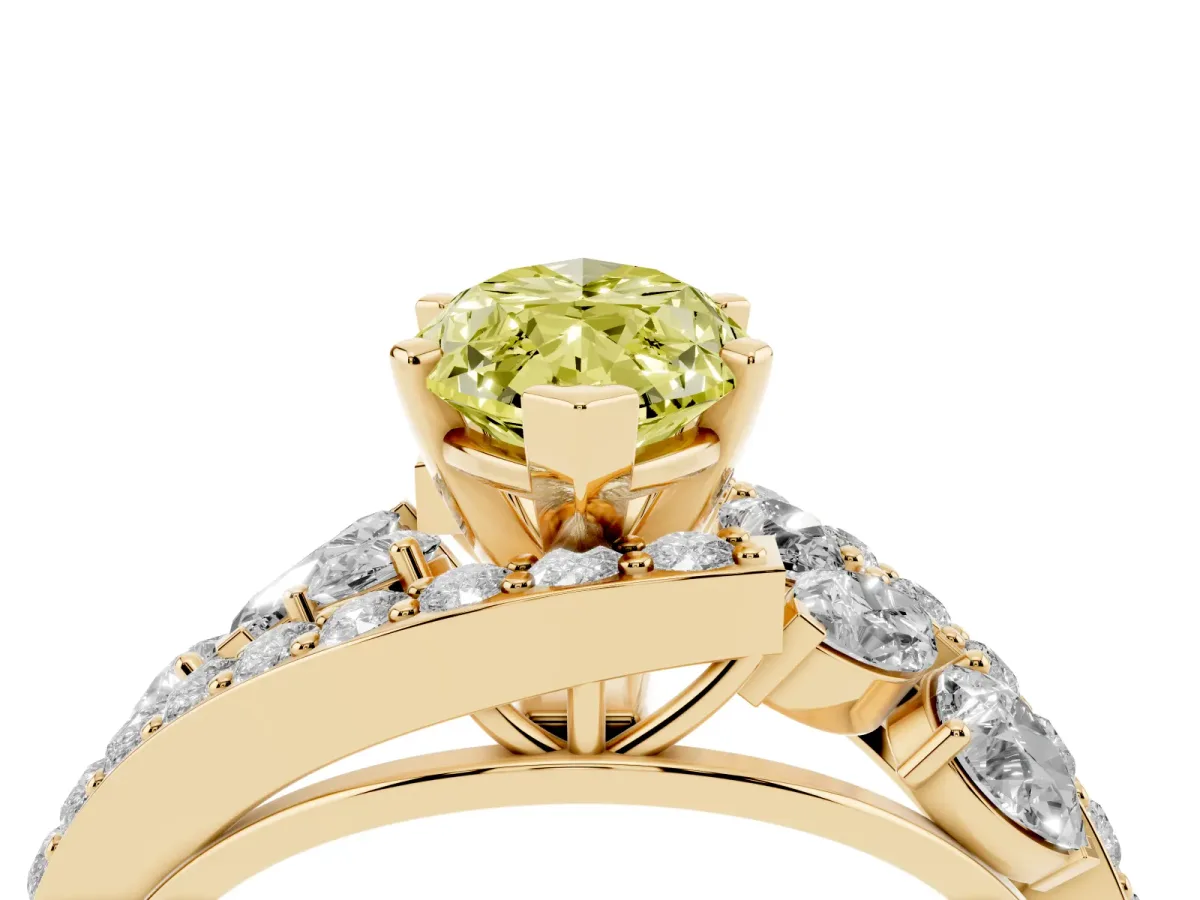 Fancy Yellow Marquise Cut Diamond Halo Ring with Marquise and Pavé Band in Prong Setting Yellow gold