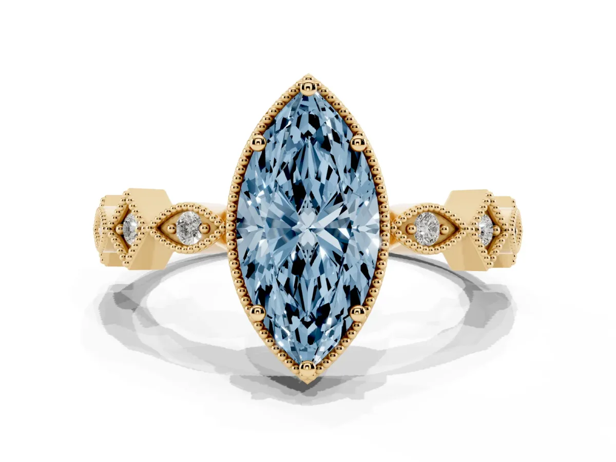 Fancy Blue Marquise Cut Milgrain Marquise Diamond Twist Band Ring Yellow gold