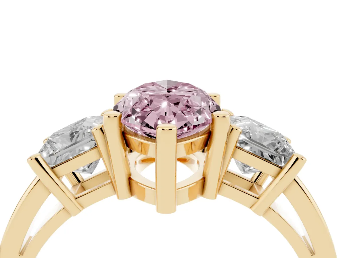 Fancy Pink Three-Stone Marquise Cut Cut Solitaire Ring with Prong Setting Yellow gold