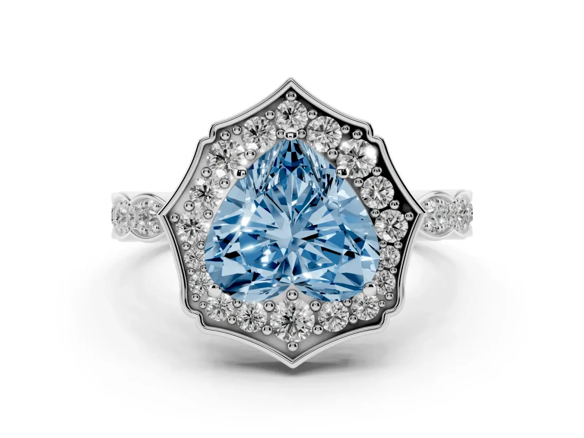 Fancy Blue Heart Cut Halo Diamond Engagement Ring with Milgrain Band and Four-Prong Setting White gold