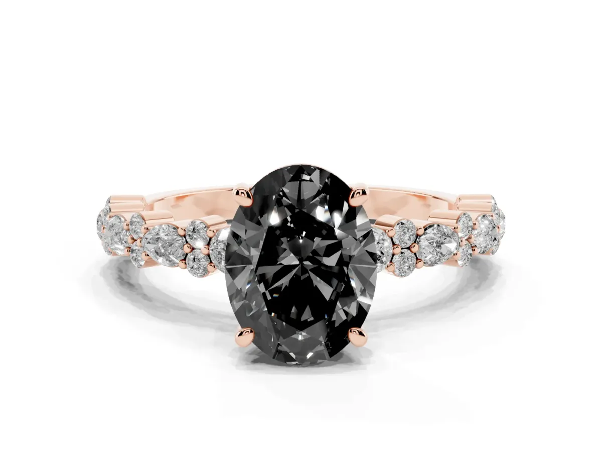 Fancy Black Oval Cut Diamond Side Stone Solitaire Ring with Round and Four-Prong Setting Rose gold