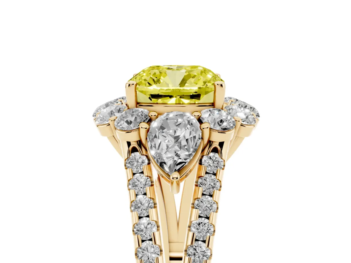 Fancy Yellow Cushion Cut Halo Split Shank Diamond Engagement Ring with Prong Setting Yellow gold