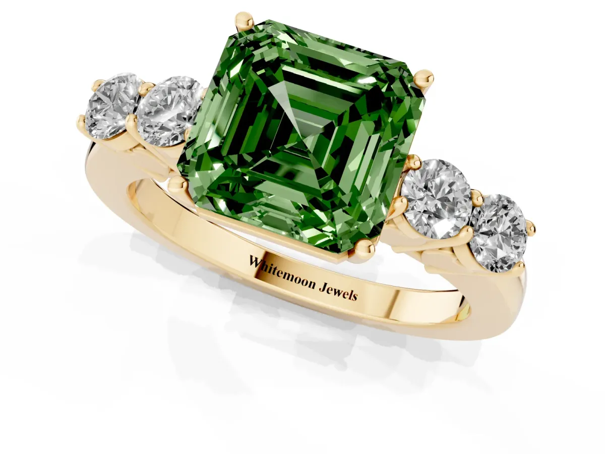 Fancy Green Asscher Cut Cut Diamond Five-Stone Prong Set White Gold Ring Yellow gold