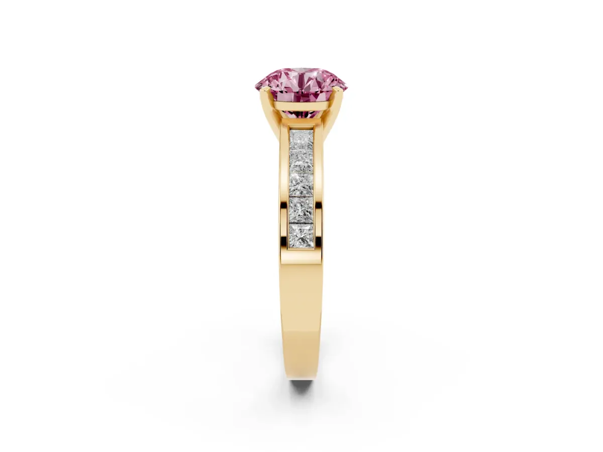 Fancy Pink Round Cut Solitaire Diamond Ring with Channel-Set Band and Four-Prong Setting Yellow gold