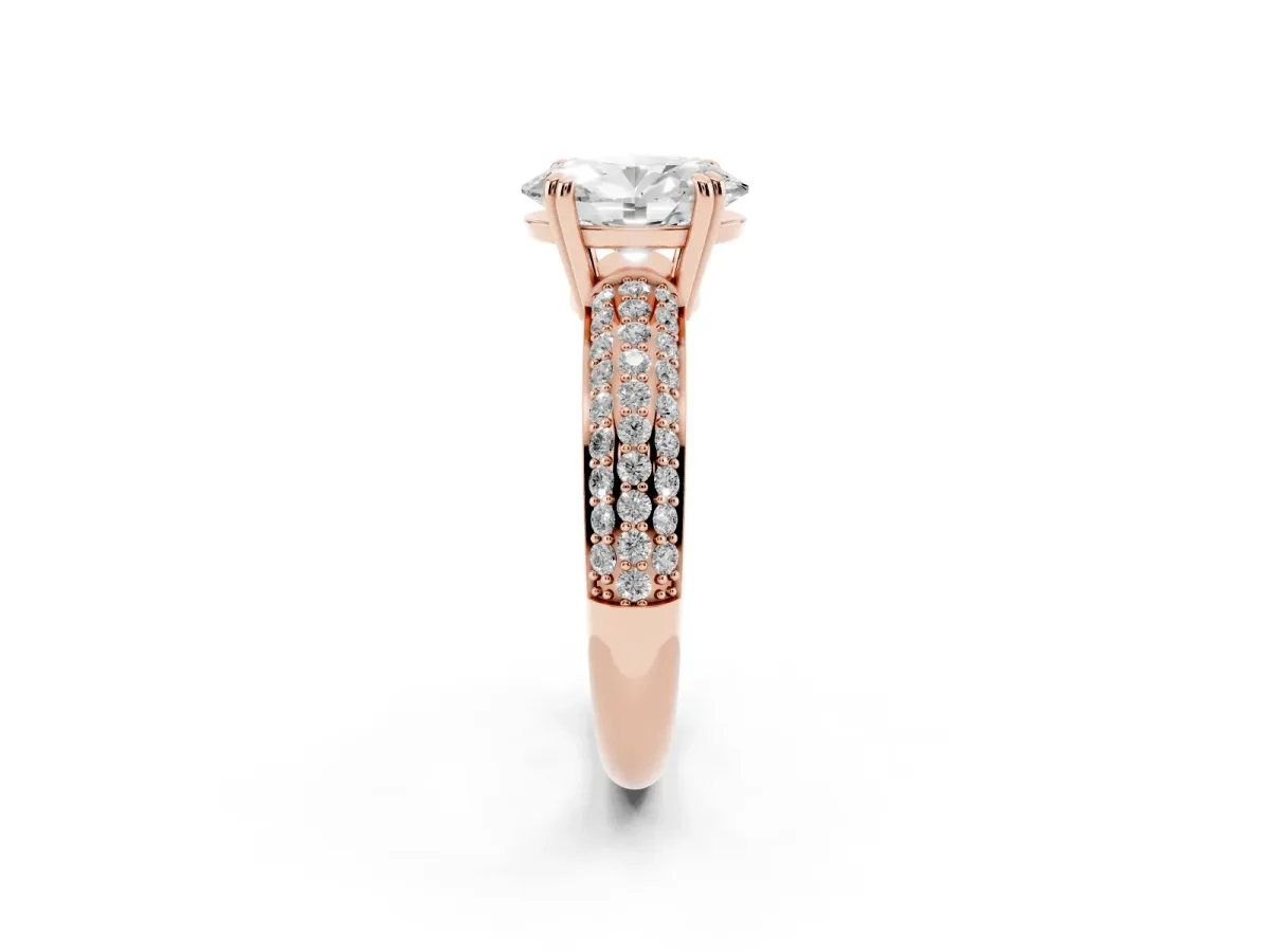 Oval Cut Diamond Solitaire Ring with Multi-Row Round Pavé Band and Prong Setting Rose gold