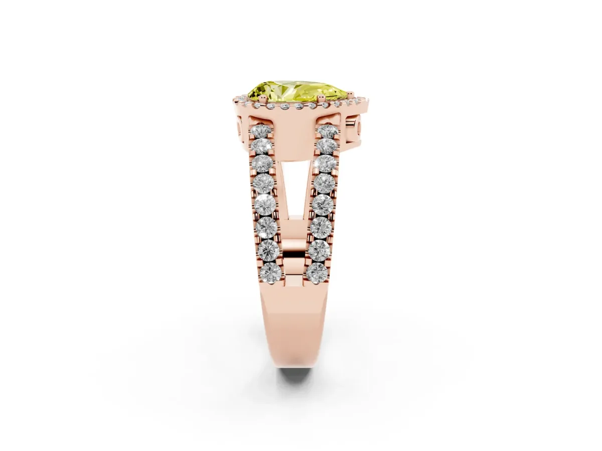 Fancy Yellow Pear Cut Cut Halo Split Shank Diamond Ring with Four-Prong Setting Rose gold
