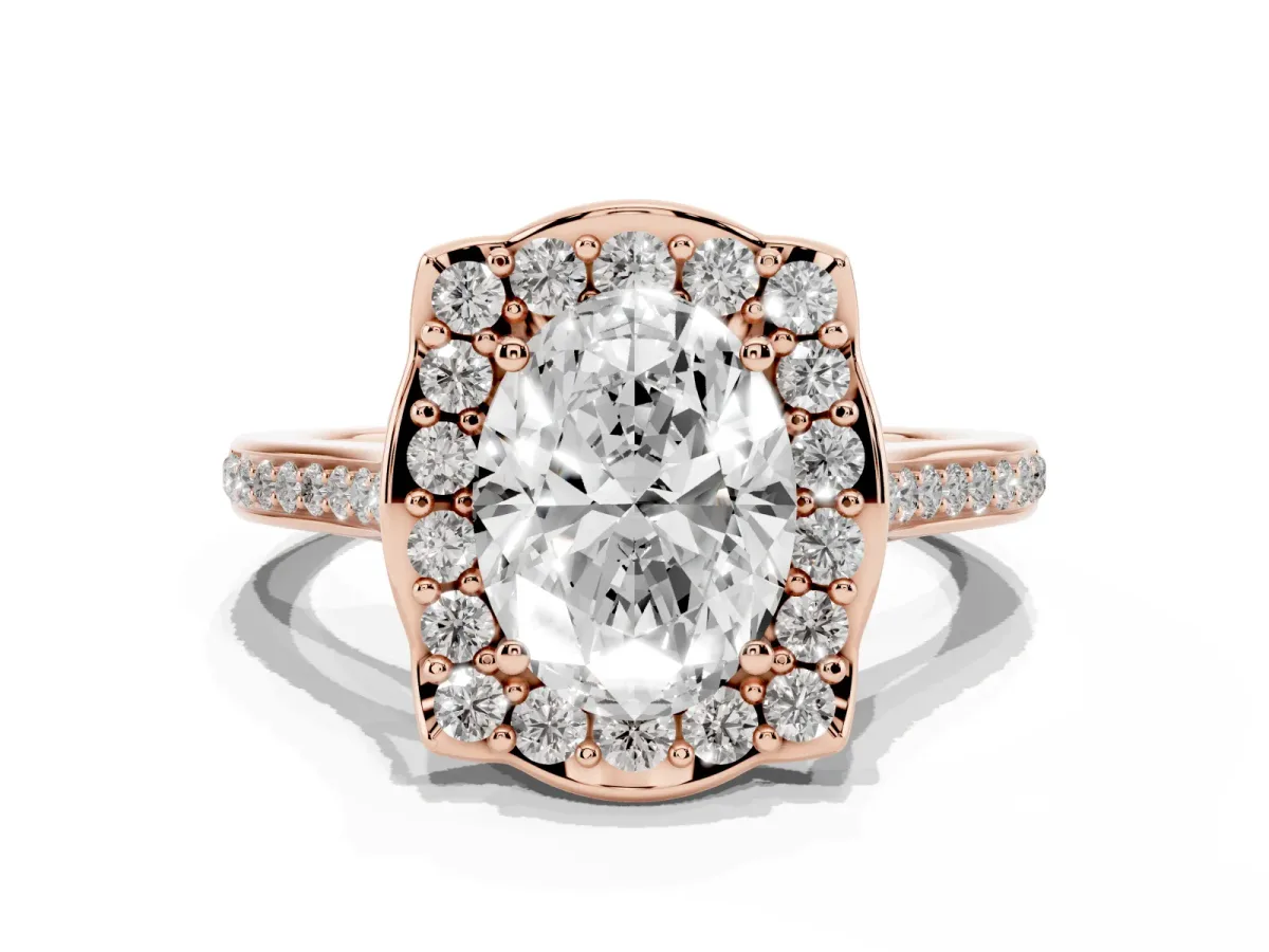 Oval Cut Halo Round Diamond Pave Band with Four-Prong Setting Rose gold