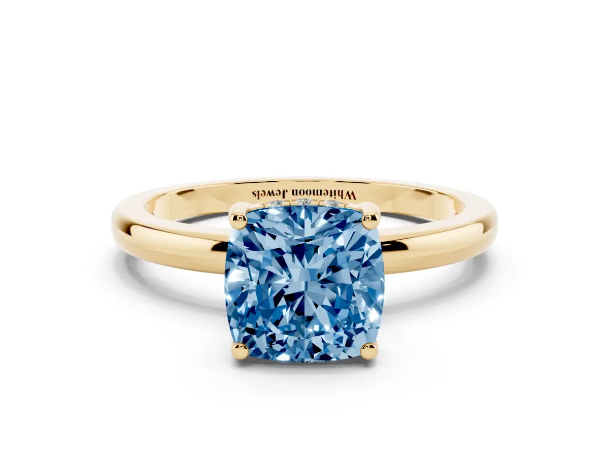 Fancy Blue Cushion Cut Solitaire Diamond Ring with Prong Setting and Plain Band Yellow gold