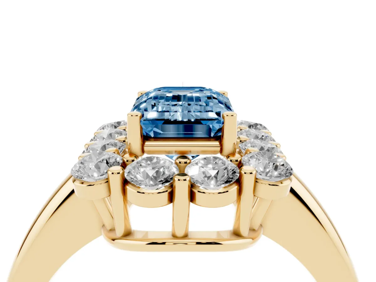 Fancy Blue Emerald Cut Halo Cluster Diamond Engagement Ring with Prong Setting and Polished Band Yellow gold