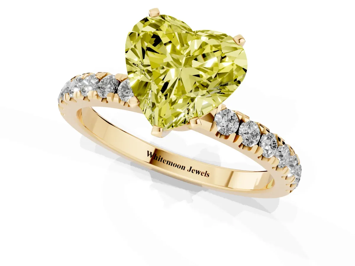 Fancy Yellow Heart Cut Diamond Solitaire Ring with Pavé Accents and Four-Prong Setting Yellow gold