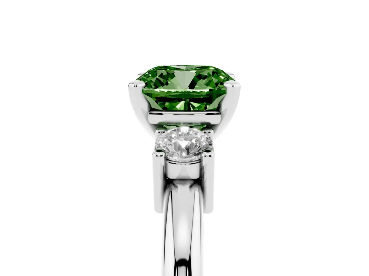 Fancy Green Three-Stone Cushion Cut Cut Diamond Solitaire with Prong Setting and Classic Band Silver