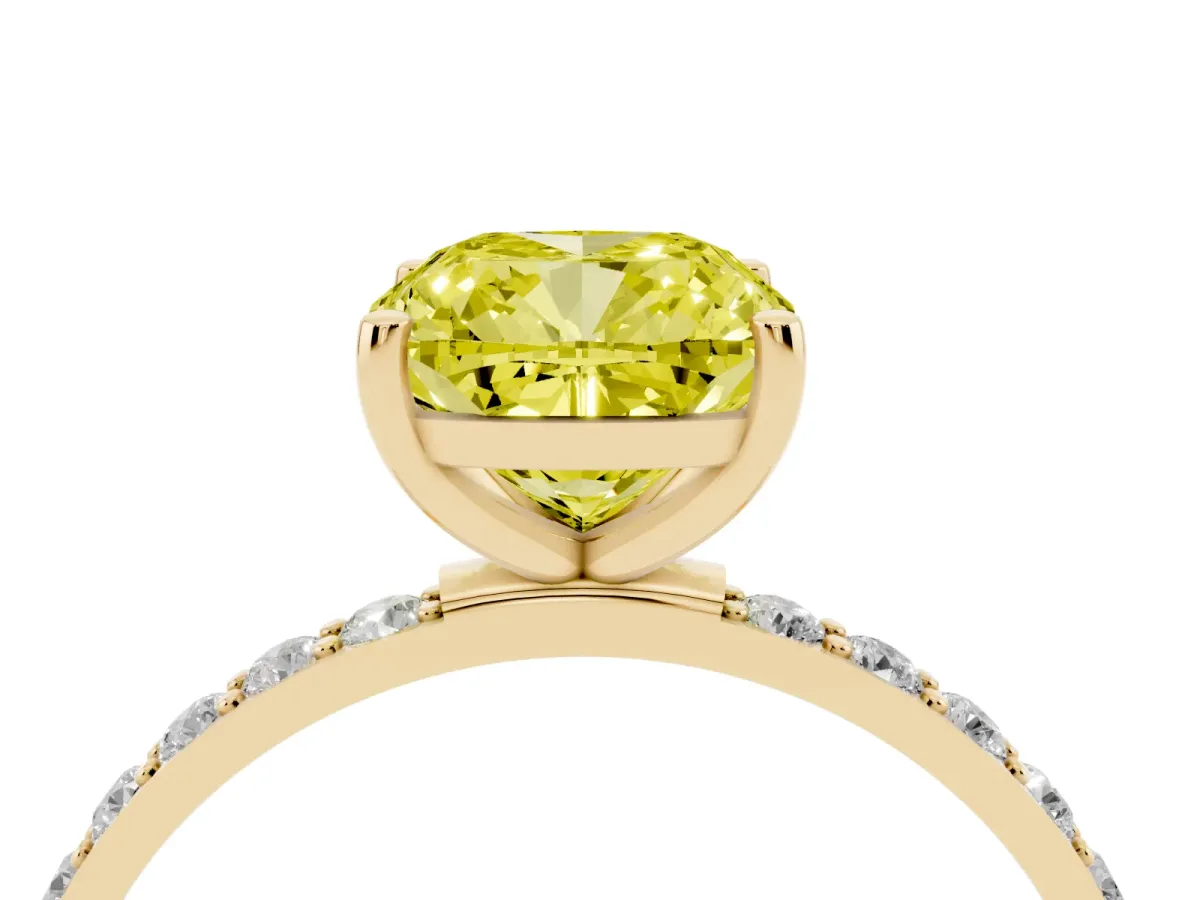 Fancy Yellow Cushion Cut Diamond Solitaire Ring with Round Pavé Shoulders and Prong Setting Yellow gold