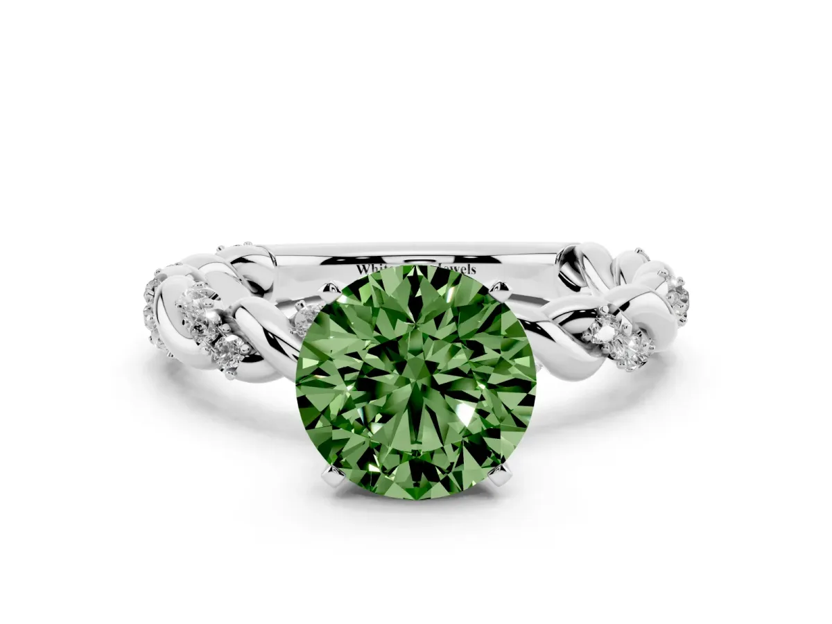 Fancy Green Round Cut Diamond Solitaire Ring with Twisted Band and Pavé Accents Silver