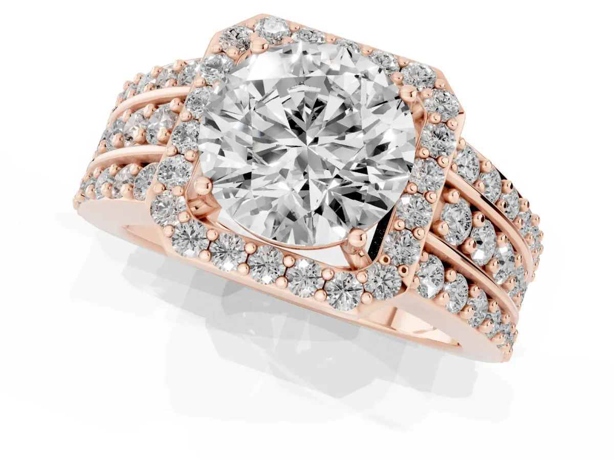 Round Cut Halo Diamond Ring with Round Split Shank and Prong Setting Rose gold