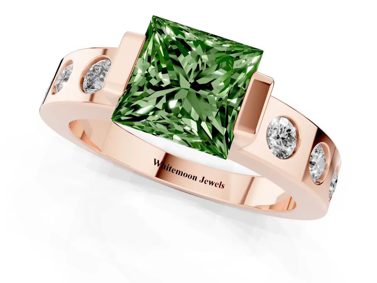Fancy Green Princess Cut Brilliant Channel-Set Diamond Ring with Bezel Prong Setting Rose gold