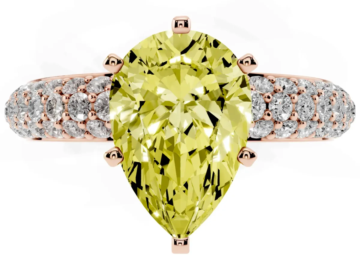 Fancy Yellow Pear Cut Diamond Solitaire Ring with Prong Setting and Pavé Band Rose gold