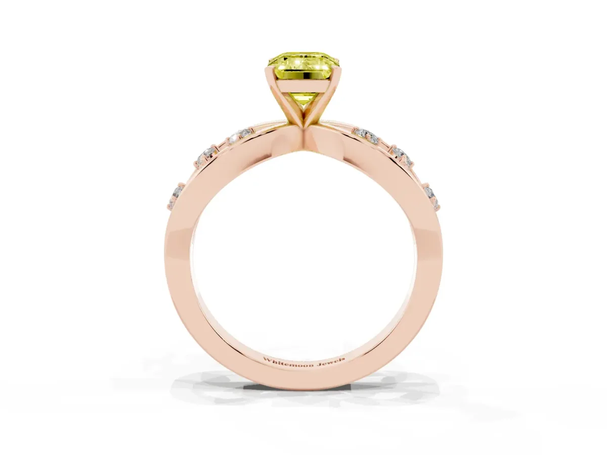 Fancy Yellow Emerald Cut Cut Solitaire Diamond with Side Stones on Criss-Cross Band and Four-Prong Setting Rose gold