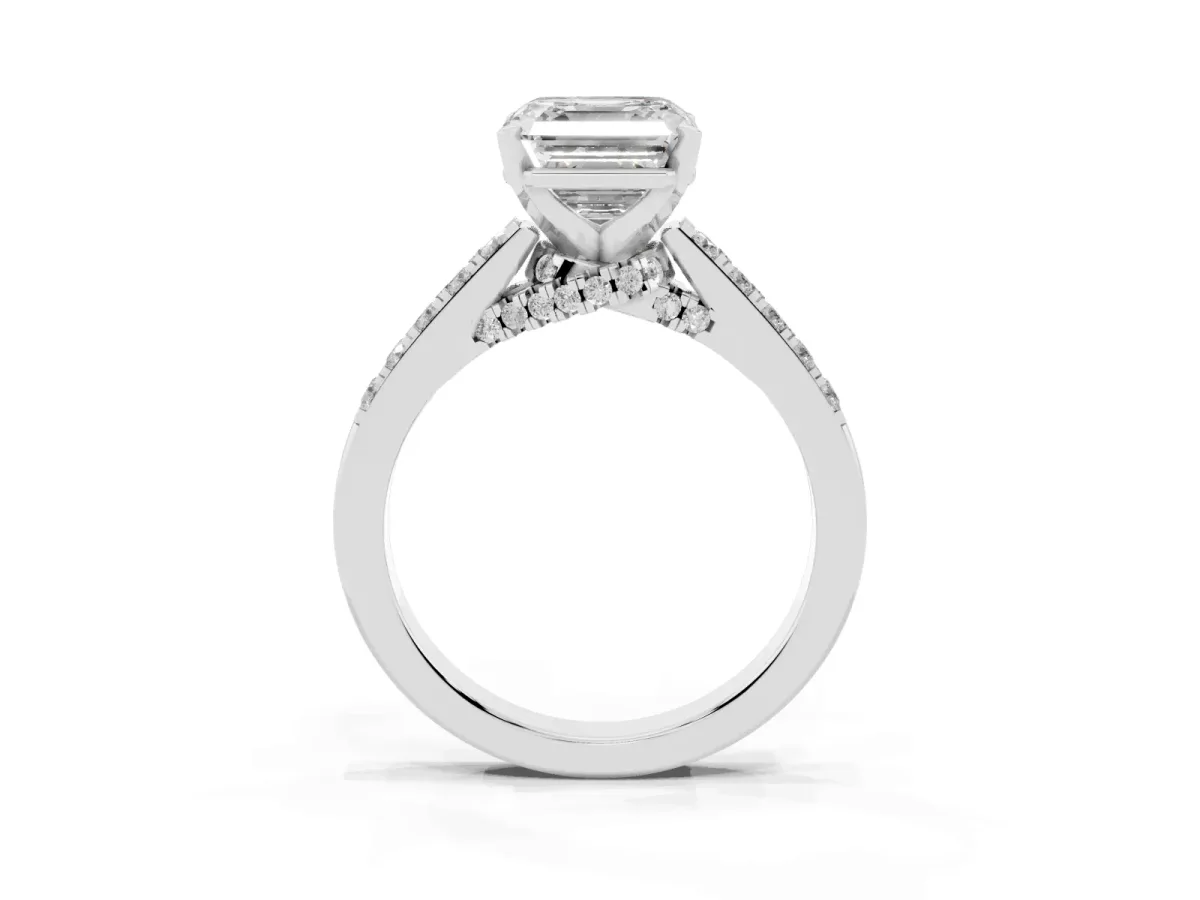 Asscher Cut Diamond Solitaire Ring with Crossover Gallery and Round Pavé Band White gold