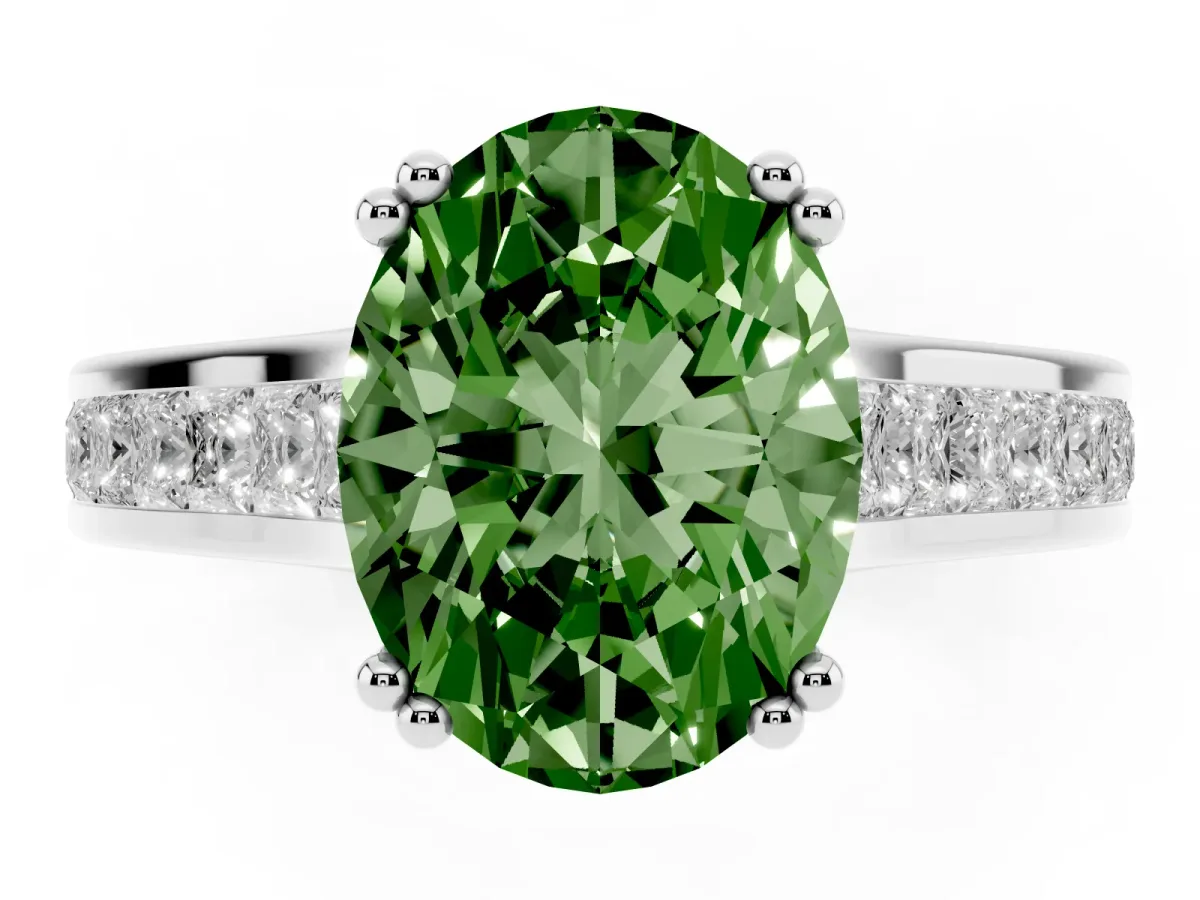 Fancy Green Oval Cut Cut Channel Set Solitaire Engagement Ring with Prong Setting Silver
