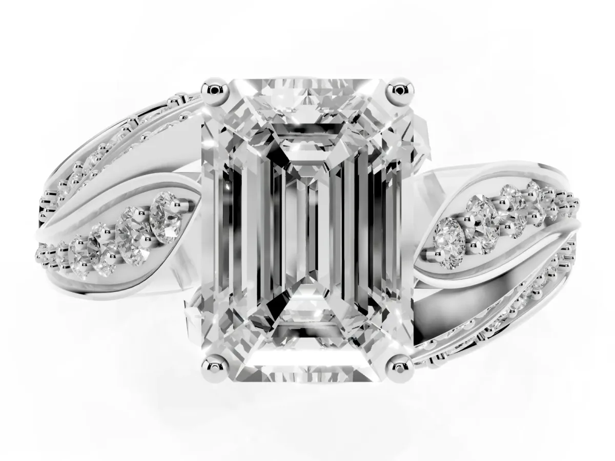 Emerald Cut Diamond Solitaire Ring with Prong Setting and Twisted Pavé Band Silver