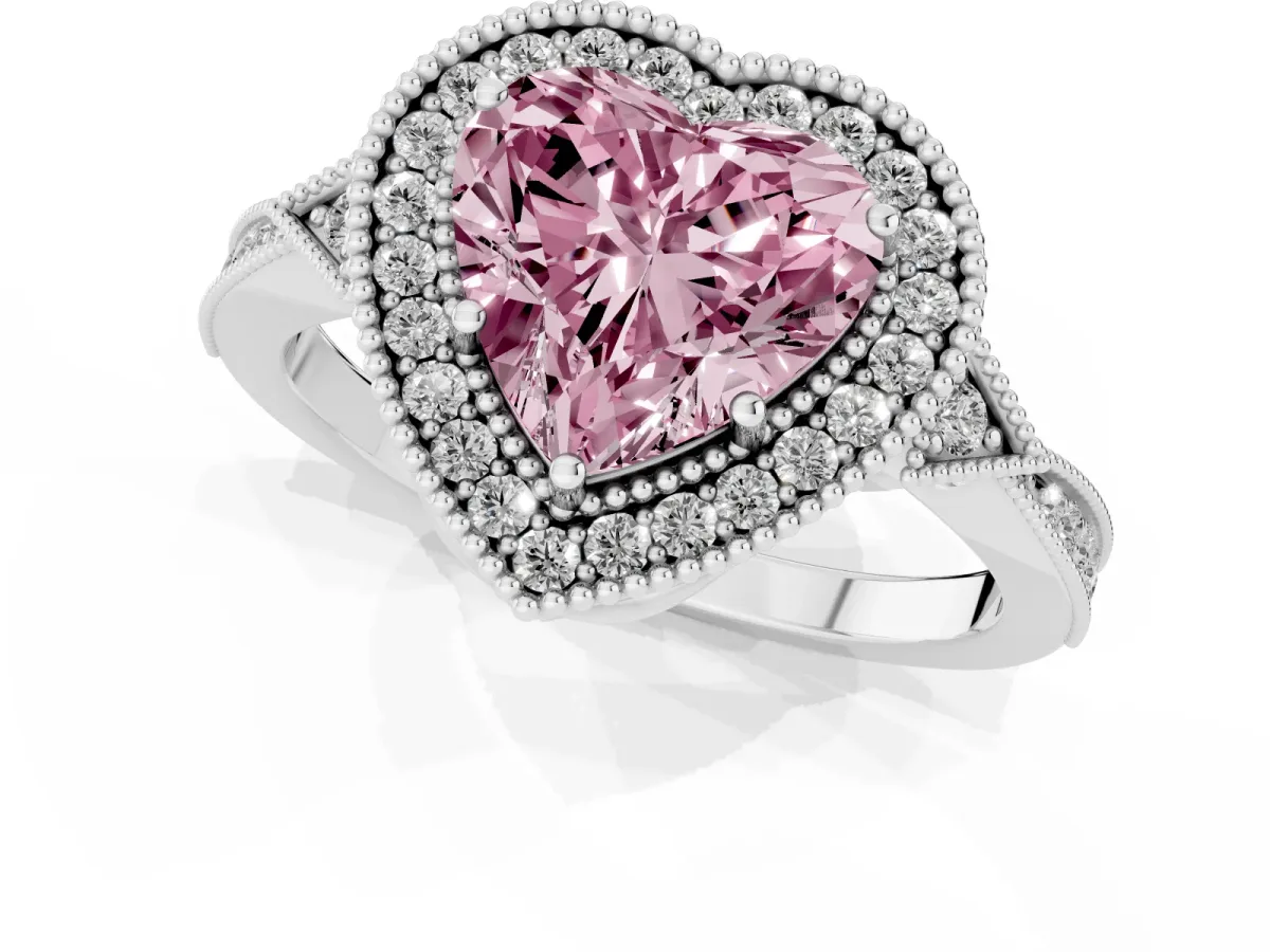 Fancy Pink Heart Cut Halo Round Diamond Milgrain Pave Engagement Ring Silver