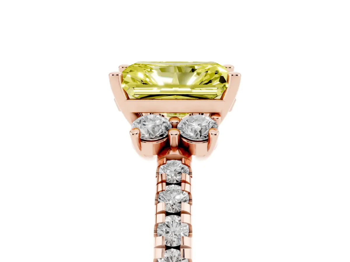 Fancy Yellow Radiant Cut Diamond Three-Stone Pave Band with Four-Prong Setting Rose gold