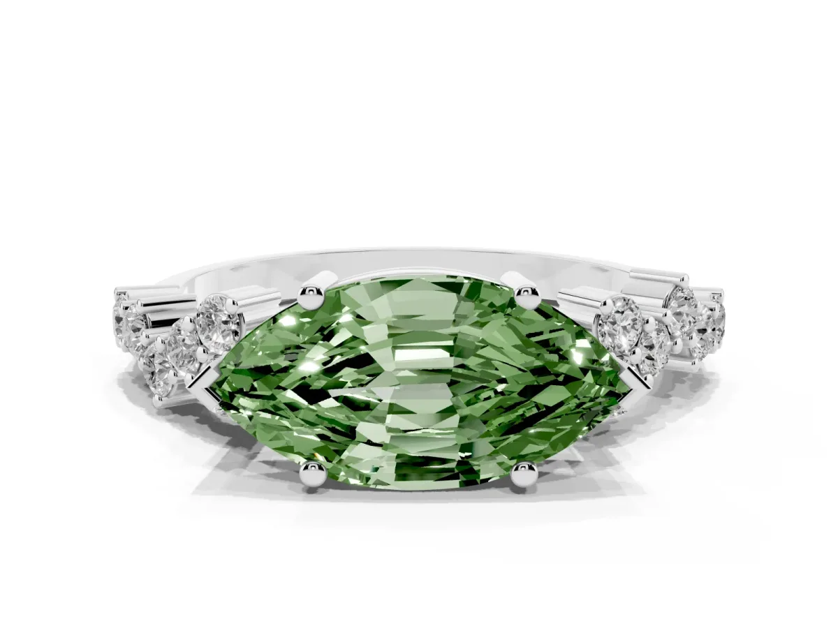 Fancy Green Marquise Cut Diamond Scattered Round Accent Ring with Prong Setting Platinum