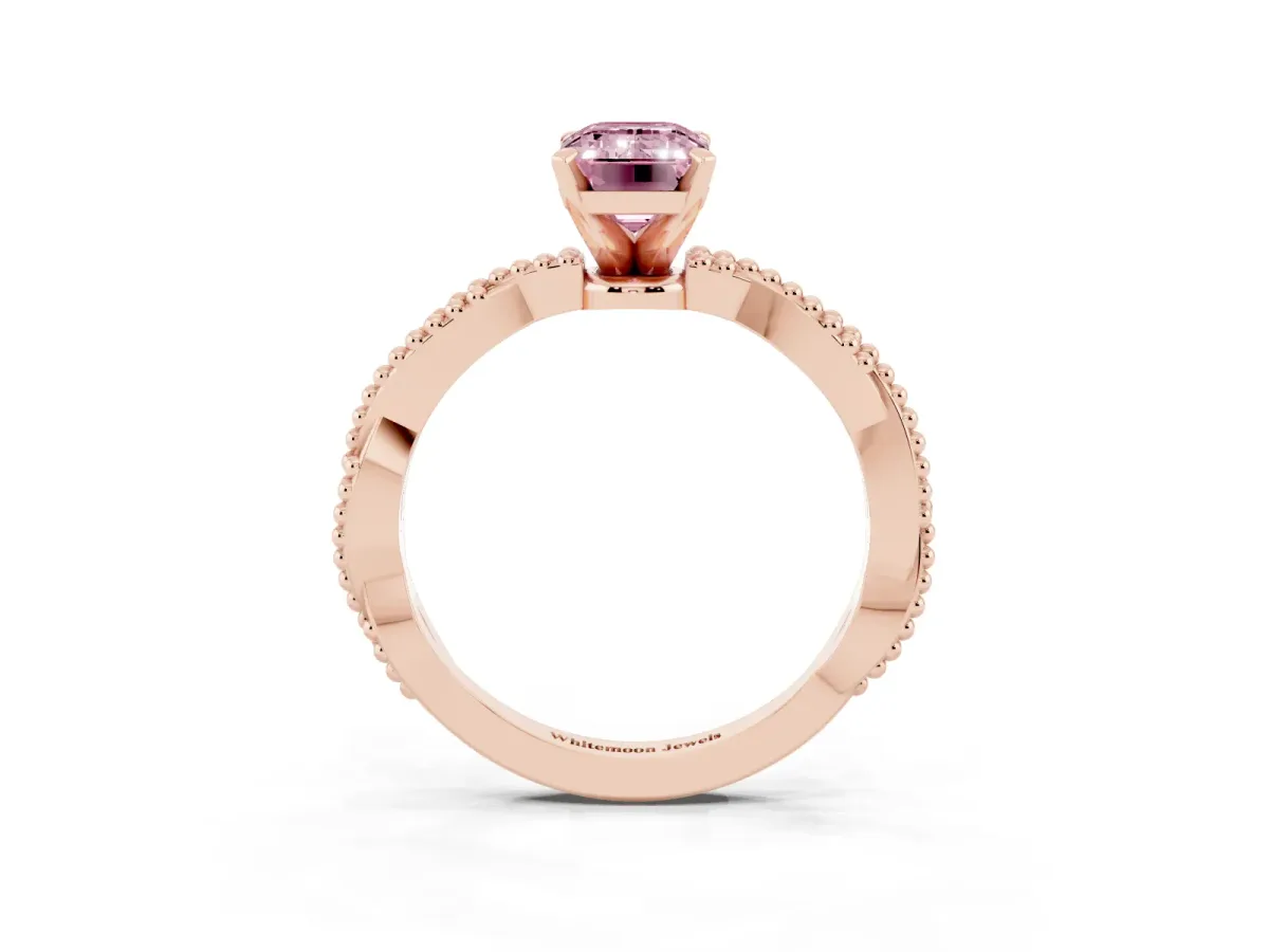 Fancy Pink Emerald Cut Solitaire Twisted Band with Bead Prong Setting Rose gold